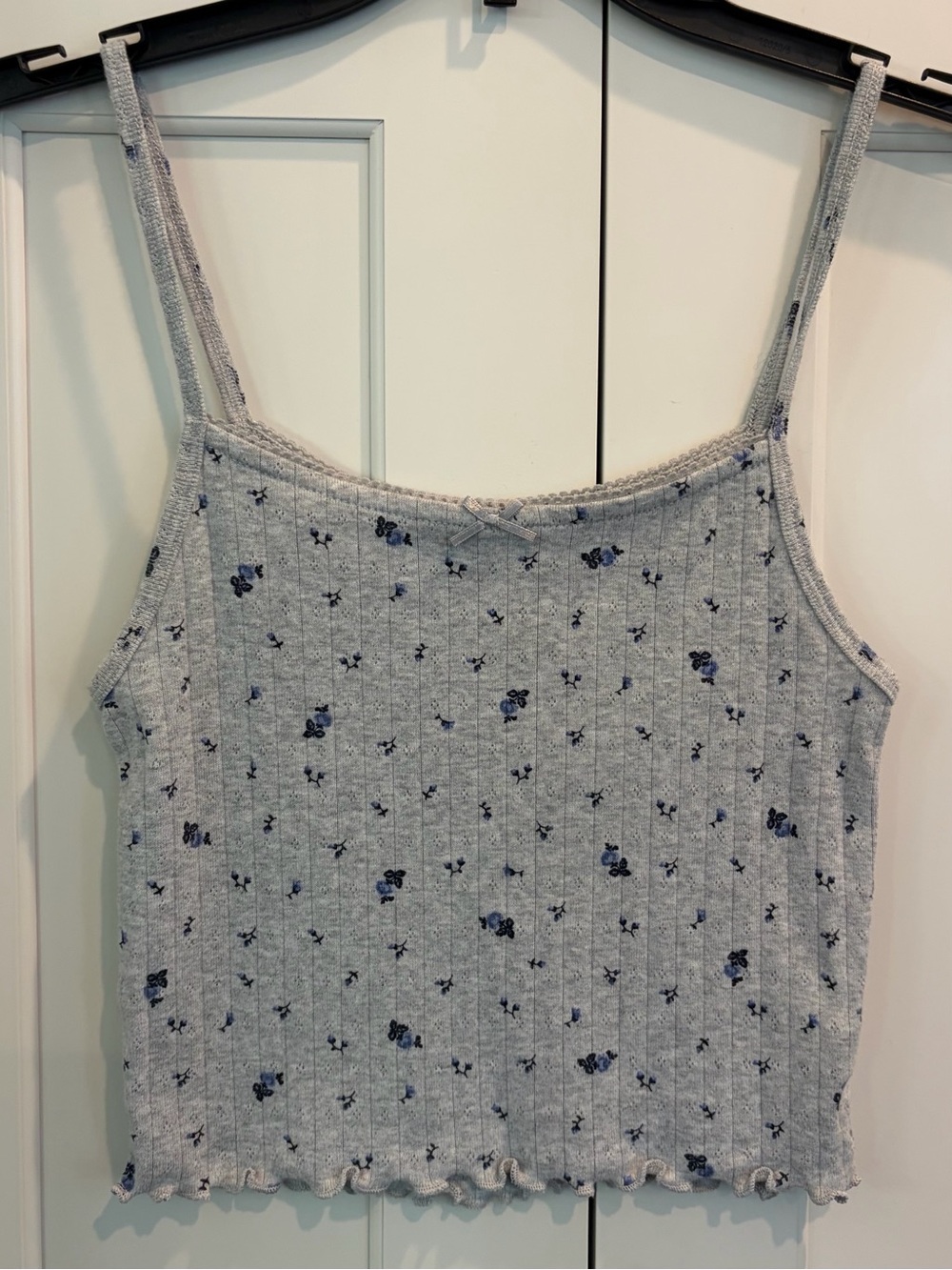 aerie Heather Gray Pointelle Tank Top with Blue Floral Print